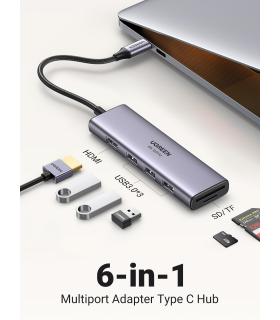 HUB UGREEN 6EN1 USB-C A HDMI + 3XUSB-A + SD TF