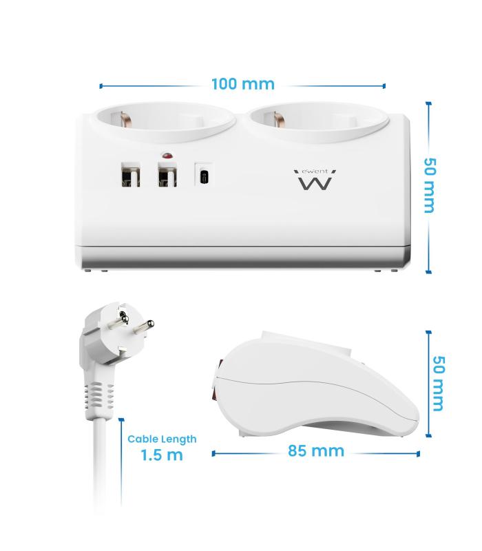 EWENT EW3870 Regleta 2  Shucko 2 Usb-A 1 Usb-C Bl.