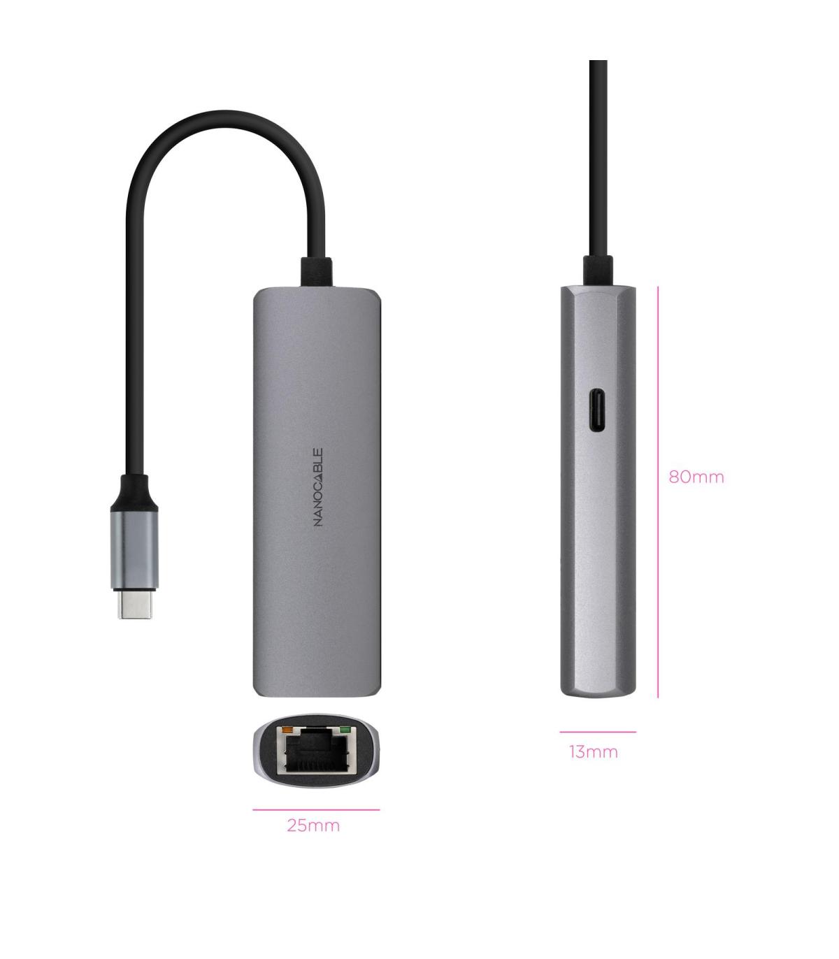 Hub USB Tipo-C 3.1 Nanocable 10.16.4603  1xUSB Tipo-C PD  1xRJ45  Gris
