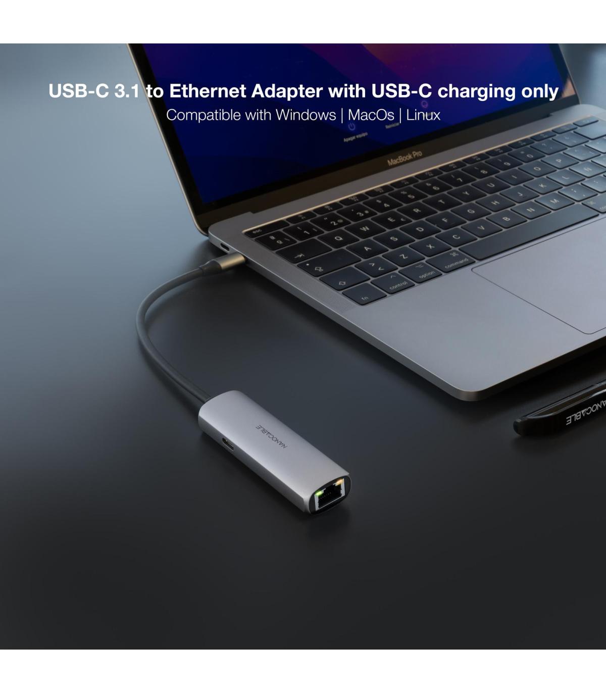 Hub USB Tipo-C 3.1 Nanocable 10.16.4603  1xUSB Tipo-C PD  1xRJ45  Gris
