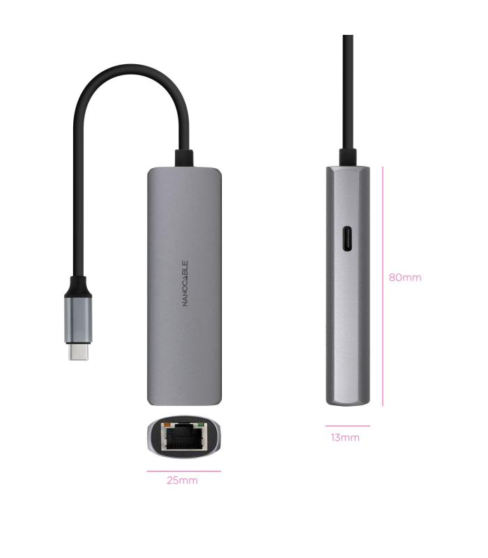 Hub USB Tipo-C 3.1 Nanocable 10.16.4603  1xUSB Tipo-C PD  1xRJ45  Gris