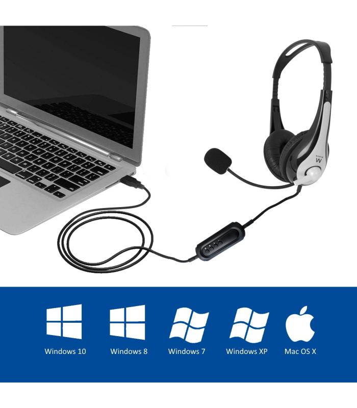 Ewent EW3565 Auricular Y Casco Auriculares Almbrico Diadema Llamadas Msica USB Tipo A Negro, Blanco