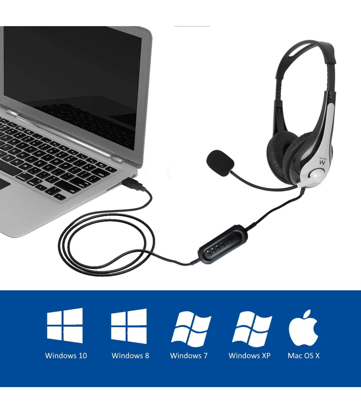 Ewent EW3565 Auricular Y Casco Auriculares Almbrico Diadema Llamadas Msica USB Tipo A Negro, Blanco