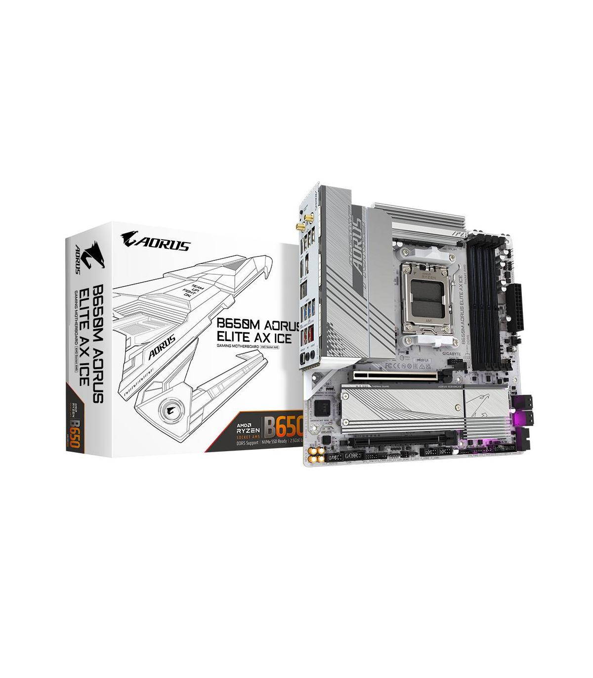 GIGABYTE B650M AORUS ELITE AX ICE Placa Base - AMD Ryzen Serie 9000, VRM De 12+2+2 Fases, Hasta 8000 MHz DDR5 (OC), 1xPCIe 5.0 +