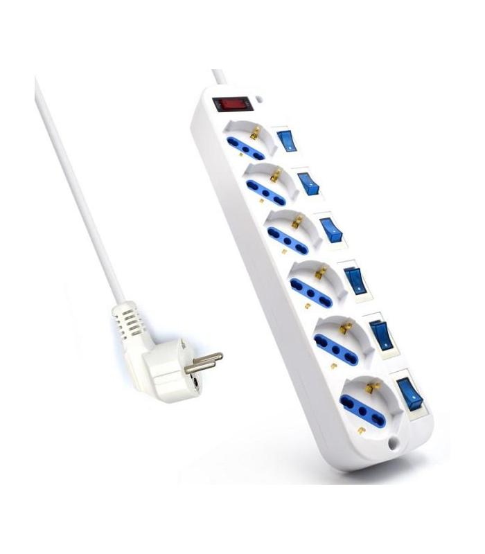 REGLETA EWENT 6 TOMAS SHUKO 16A CON INTERRUPTOR ON OFF 5M BLANCA