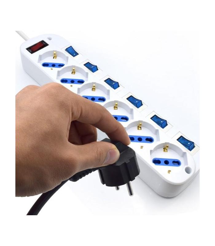 REGLETA EWENT 6 TOMAS SHUKO 16A CON INTERRUPTOR ON OFF 5M BLANCA