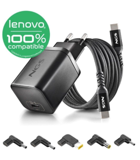 Cargador GaN de Porttil NGS BUD65W-L para Lenovo/ 1xUSB Tipo-C/ 65W/ Automtico/ 5 Conectores/ Voltaje 5-20V