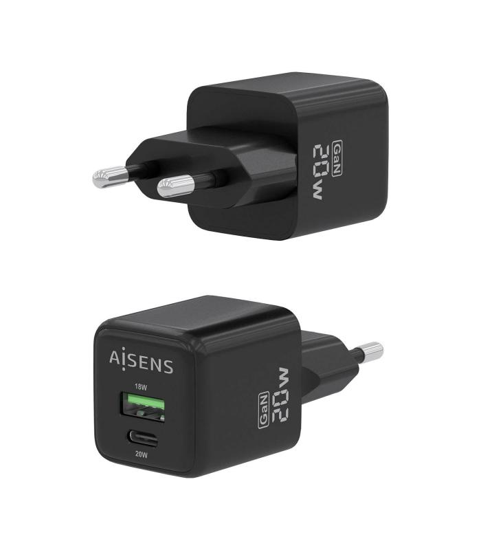 CARGADOR GAN AISENS 20W 1XUSB-C PD3.0 QC4.0 1XUSB-A QC3.0 NEGRO