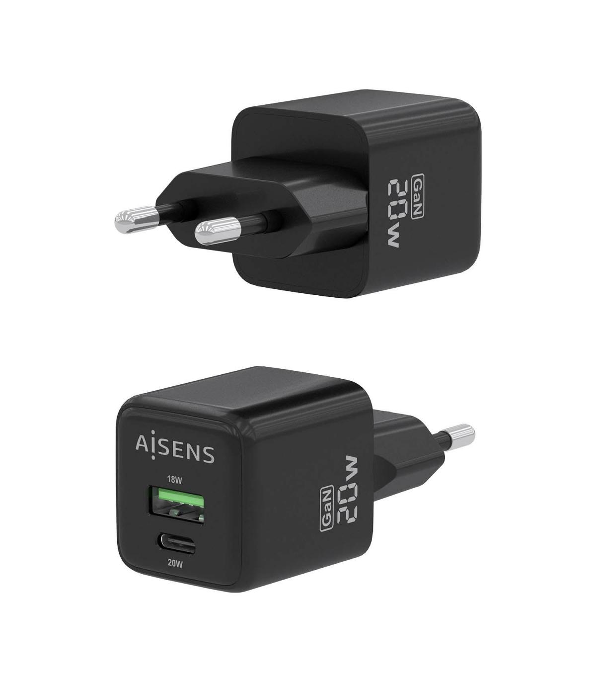 CARGADOR GAN AISENS 20W 1XUSB-C PD3.0 QC4.0 1XUSB-A QC3.0 NEGRO