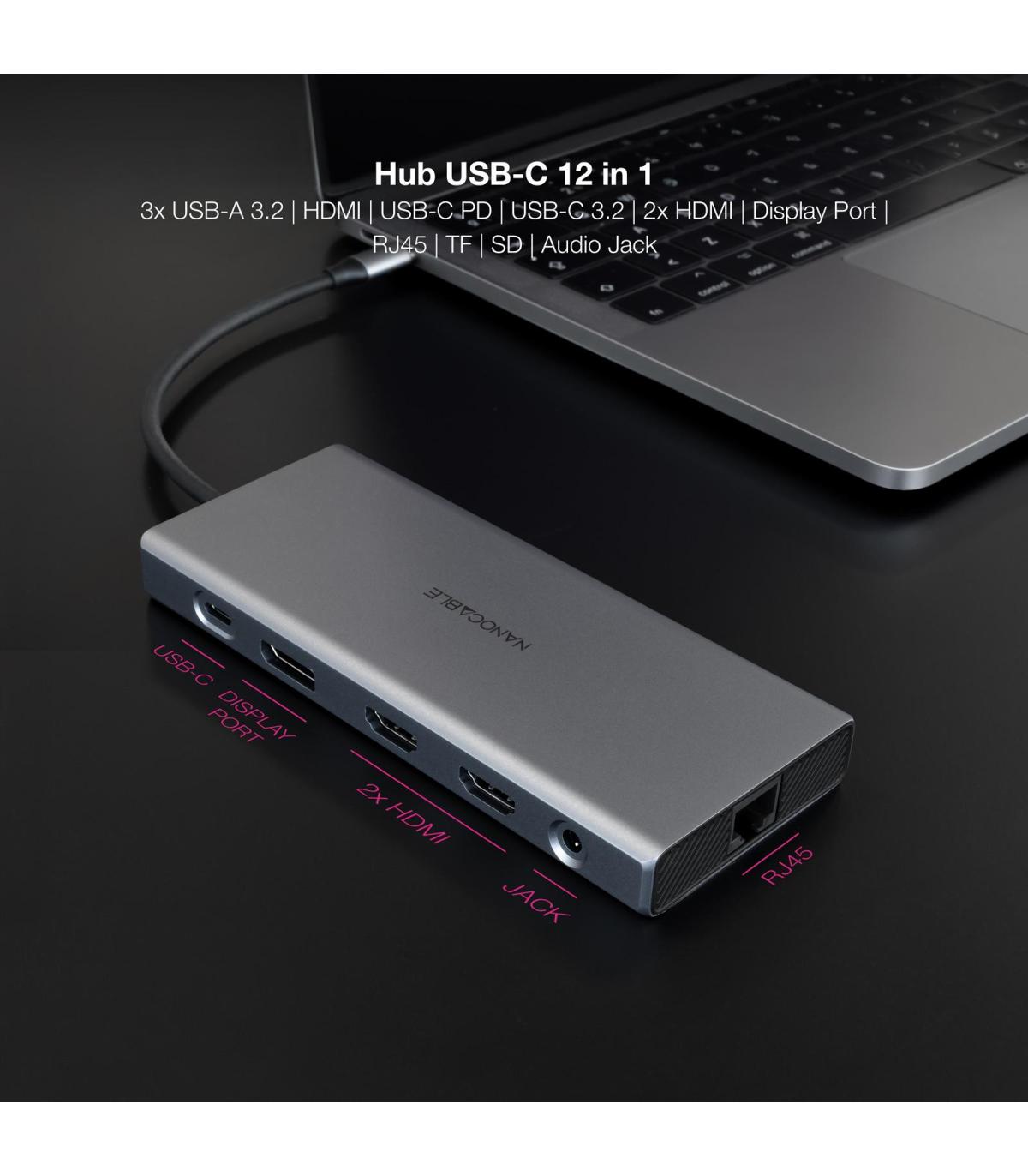 Docking Tipo-C Nanocable 10.16.4612  3xUSB  1xUSB Tipo-C  2xHDMI 4K  1xDisplayPort  1xRJ45  1xLector Tarjetas  1xJack 3.5  1xUSB