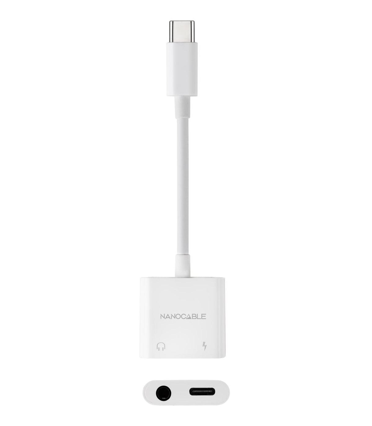 Adaptador Audio Nanocable 10.24.1206  USB Tipo-C Macho - Jack 3.5 Hembra  USB Tipo-C Hembra  Blanco