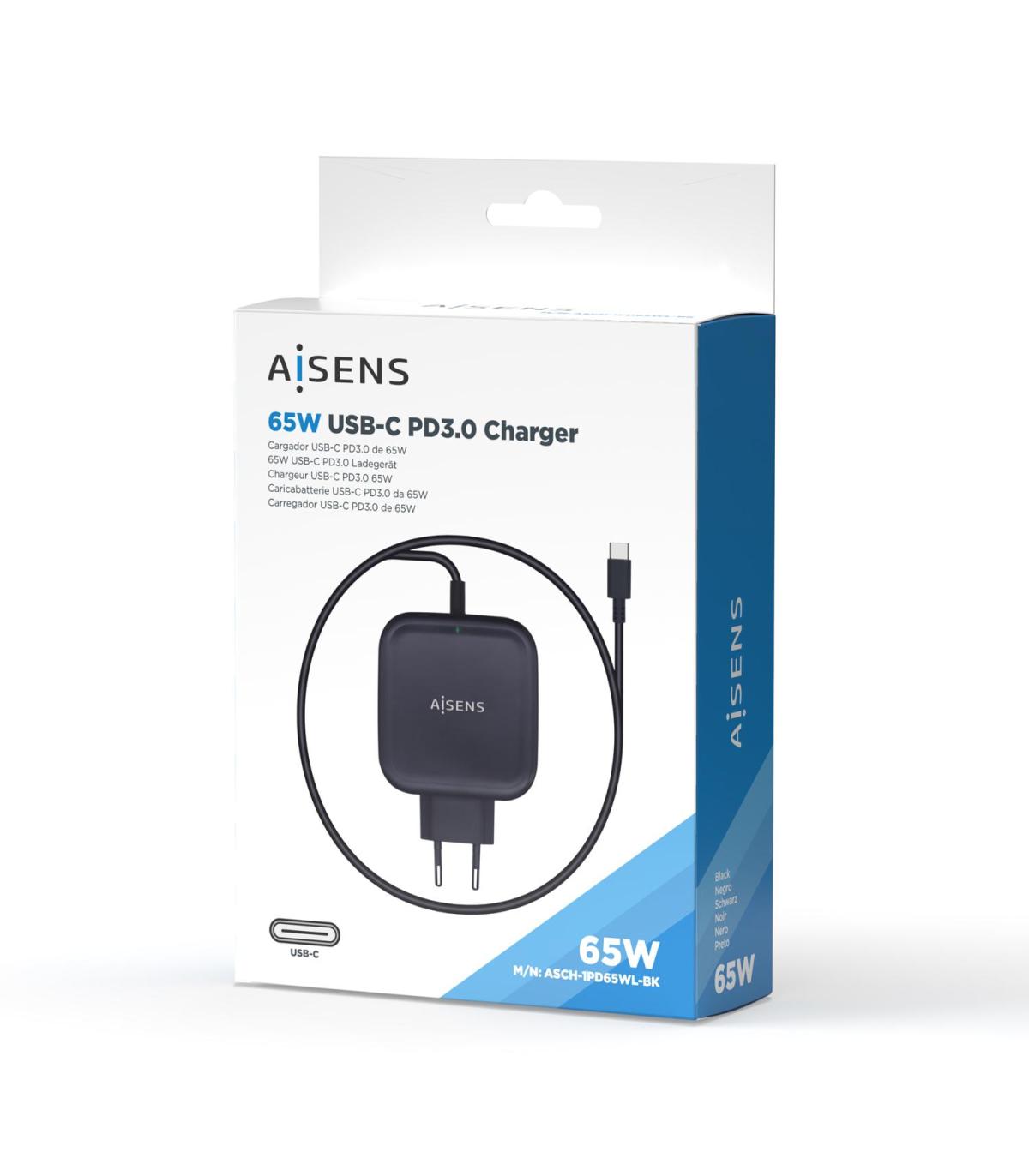 CARGADOR AISENS 65W PD3.0 QC3.0 1XUSB-C 1.2M NEGRO