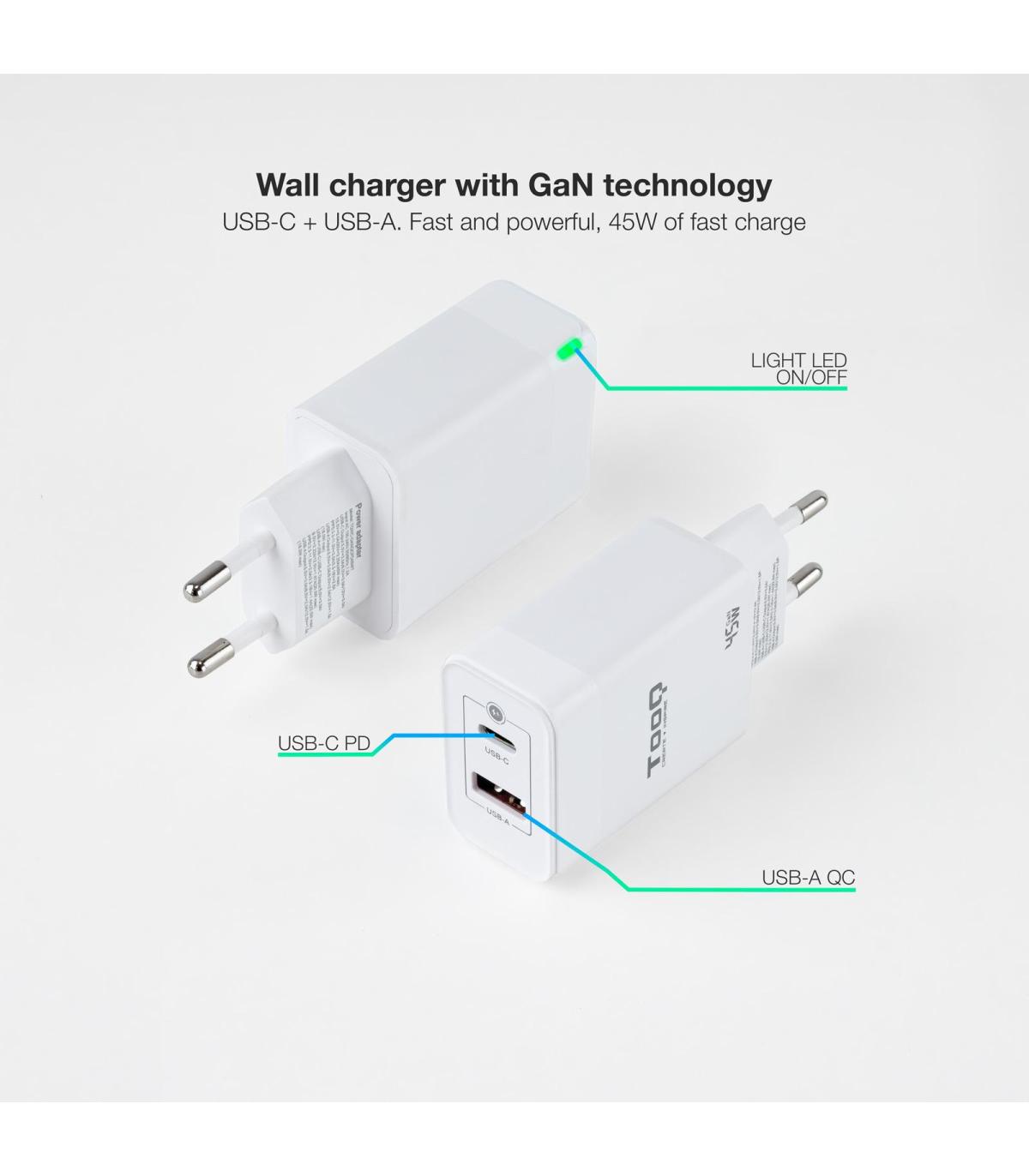 CARGADOR DE PARED TOOQ GAN USB C PD USB-A QC 45W