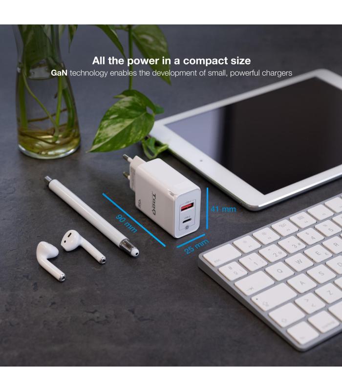 CARGADOR DE PARED TOOQ GAN USB C PD USB-A QC 45W