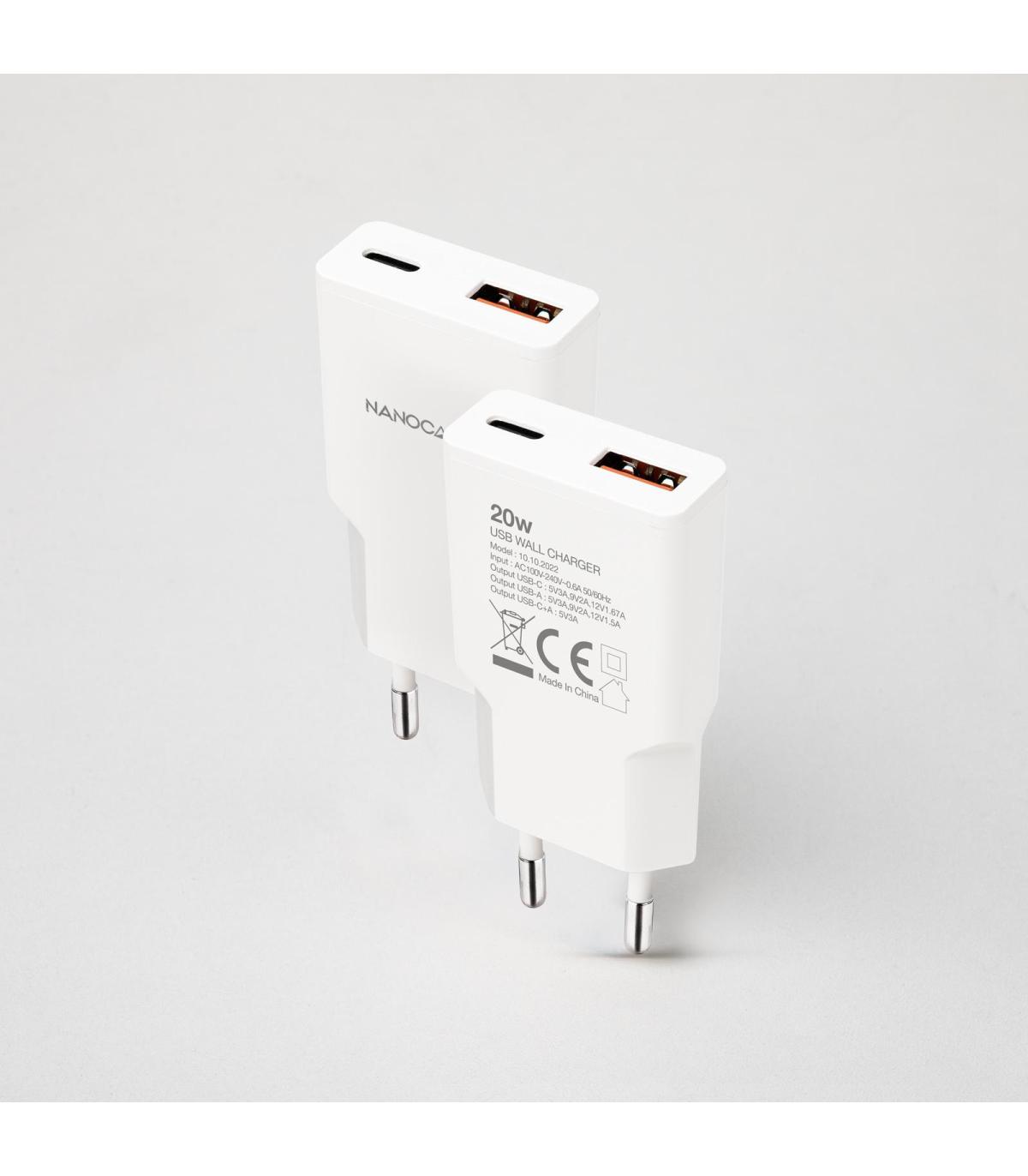 Nanocable Cargador USB-C PD + USB-A QC 20W Blanco