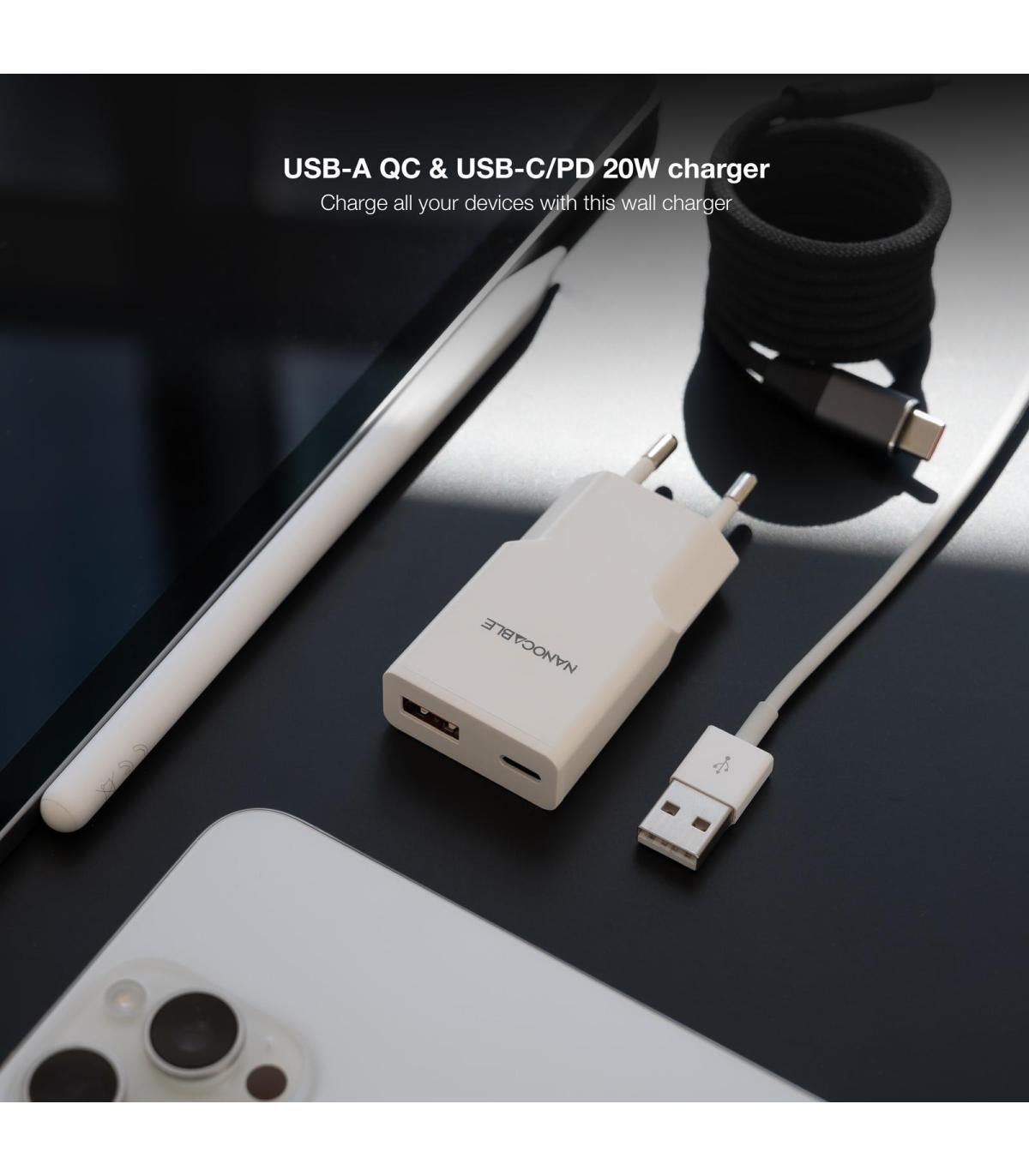 Nanocable Cargador USB-C PD + USB-A QC 20W Blanco