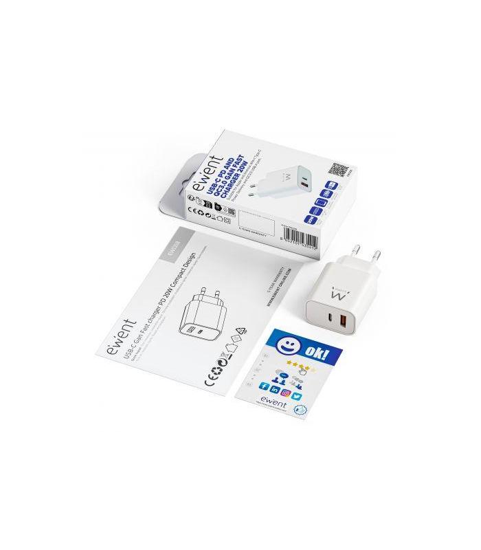 EWENT EW1318 Cargador Rpido USB-C PD 20W USB-A QC