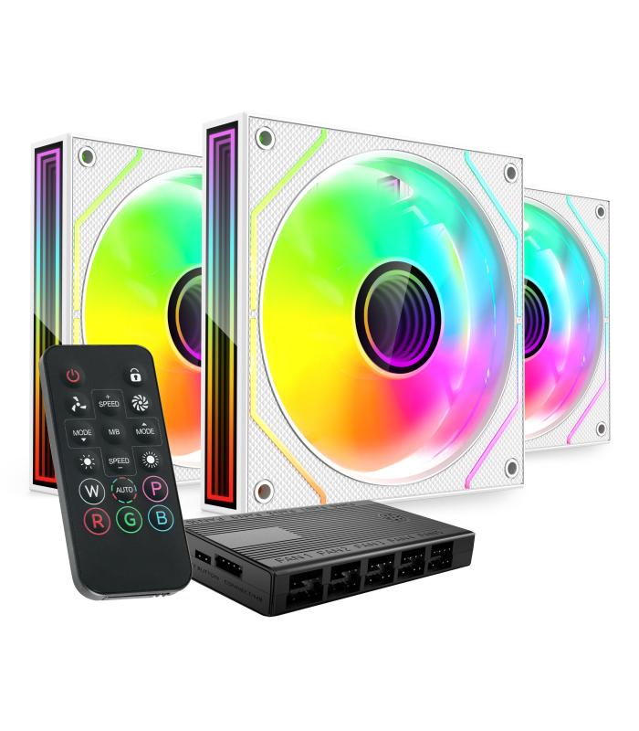 Pack 3 Ventiladores Mars Gaming MF-3DPROKIT  12cm + HUB + Mando A Distancia  ARGB  Blanco