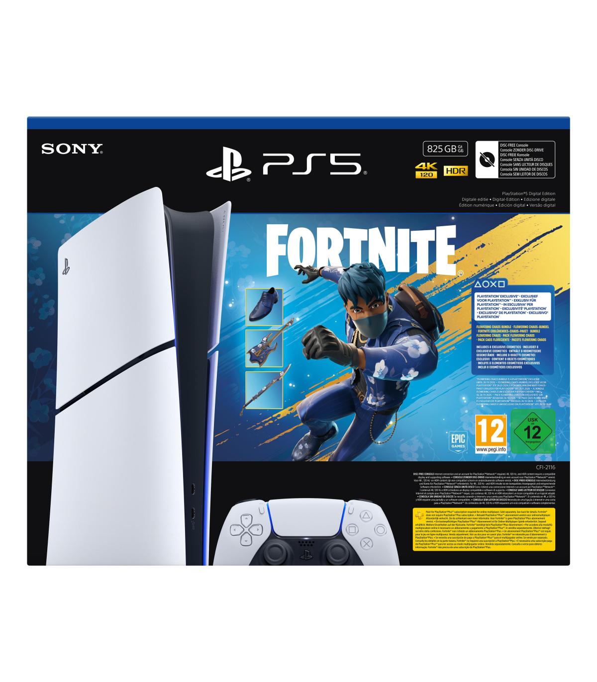 Consola Sony Playstation 5 - PS5 Slim Digital 825GB  Incluye Mando Dual Sense Y Blunde Fortnite Flowering Chaos  Chassis E