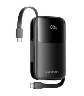 Powerbank 10000mAh Vention I11BA/ 22.5W/ Negra/ Incluye Cable USB Tipo-C y Lightning