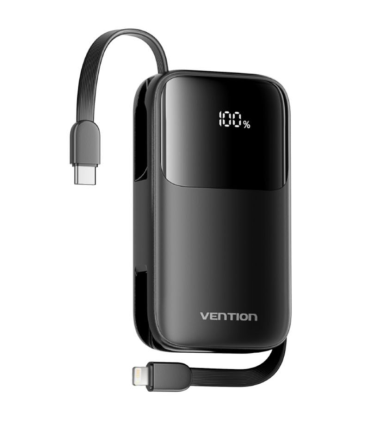Powerbank 10000mAh Vention I11BA/ 22.5W/ Negra/ Incluye Cable USB Tipo-C y Lightning