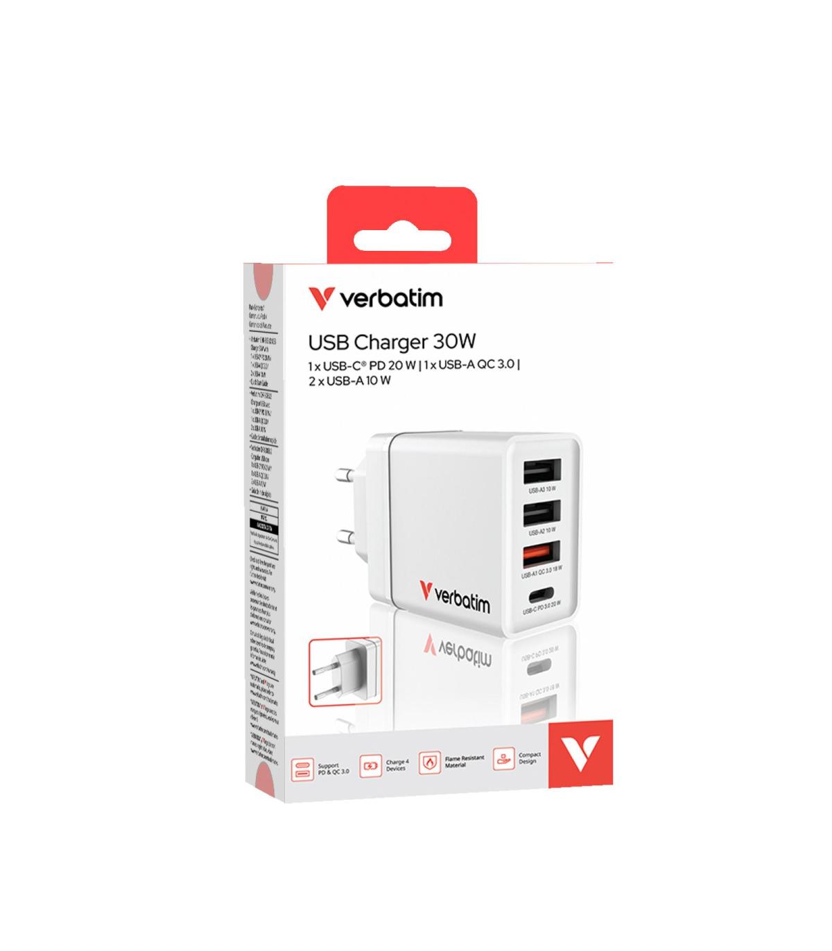 CARGADOR DE PARED GAN VERBATIM CHR-30EU2  1XUSB TIPO-C 3XUSB  30W