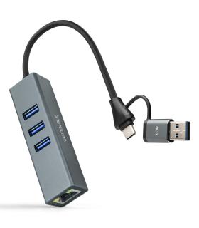 Hub USB + USB Tipo-C 3.0 Nanocable 10.03.0412  3xUSB  1xRJ45  Gris