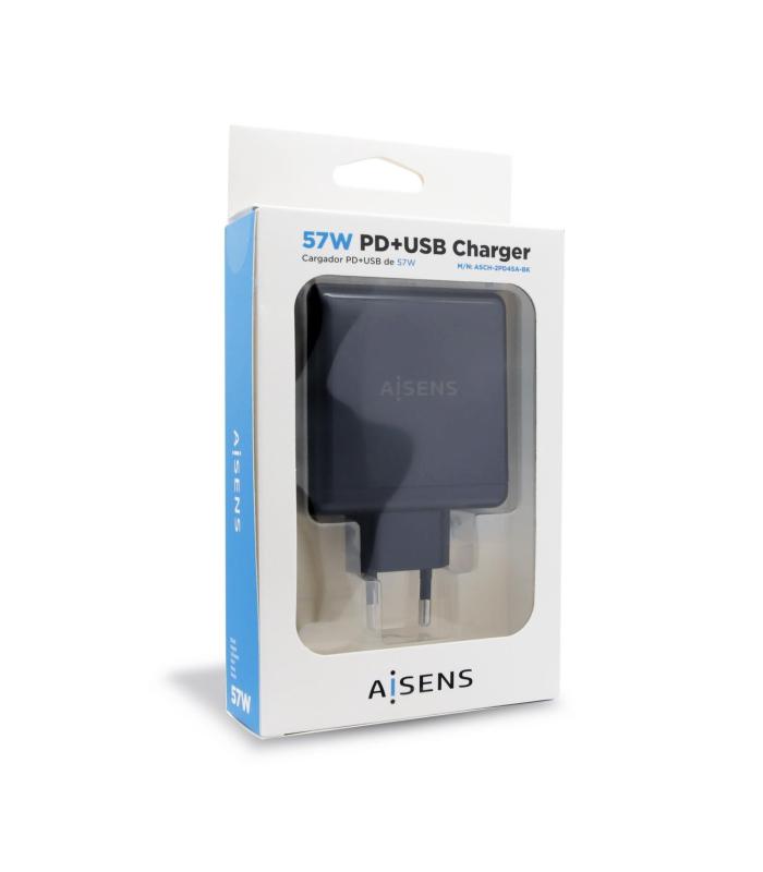 CARGADOR DE PARED AISENS ASCH-2PD45A-BK  1XUSB TIPO-C  1XUSB  57W