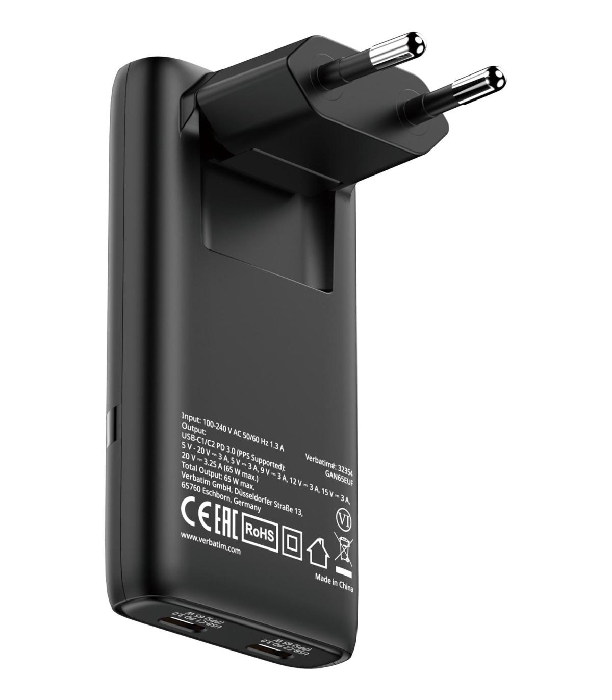 CARGADOR DE PARED GAN VERBATIM FOLD 'N' GO  2XUSB TIPO-C 65W