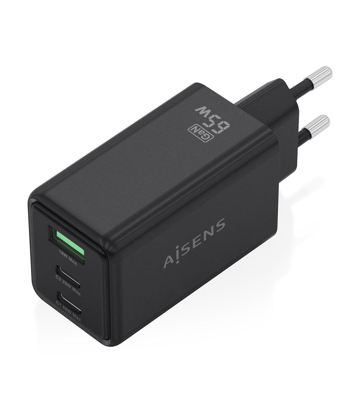 CARGADOR DE PARED GAN AISENS ASCH-65W3P073-BK  2XUSB TIPO-C 1XUSB  65W  NEGRO