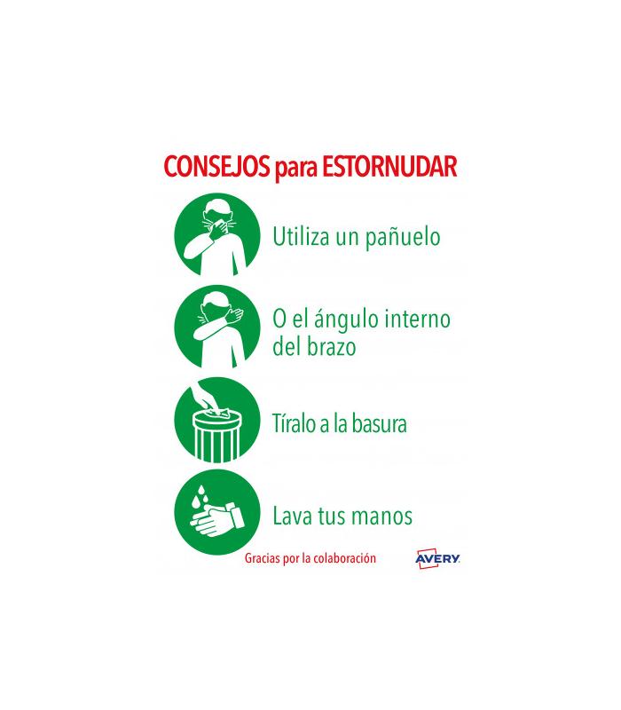 SEALES ADHESIVOS PREIMPRESO  \"CONSEJO PARA ESTORNUDAR\" SOBRE DE 2 HOJAS EN A4 AVERY AV_KITCOVID5_ES