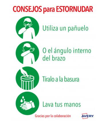 SEALES ADHESIVOS PREIMPRESO  \"CONSEJO PARA ESTORNUDAR\" SOBRE DE 2 HOJAS EN A4 AVERY AV_KITCOVID5_ES