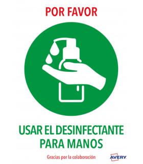 SEALES ADHESIVOS PREIMPRESO  \"USAR DESINFECTANTE PARA LAS MANOS\" SOBRE DE 2 HOJAS EN A4 AVERY AV_KITCOVID3_ES