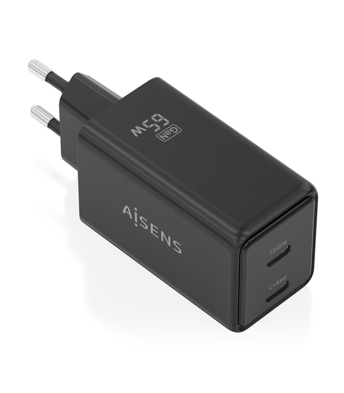 CARGADOR DE PARED GAN AISENS ASCH-65W2P079-BK  2XUSB TIPO-C 65W  NEGRO