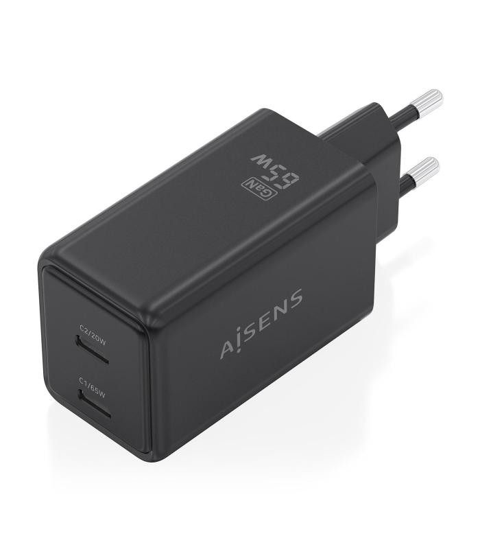 CARGADOR DE PARED GAN AISENS ASCH-65W2P079-BK  2XUSB TIPO-C 65W  NEGRO