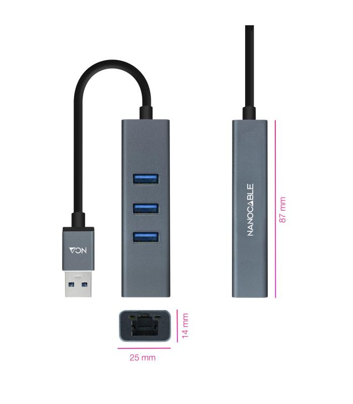 CONVERSOR USB3.0 ETHERNET GB+3xUSB3.0 GRIS 15 CM