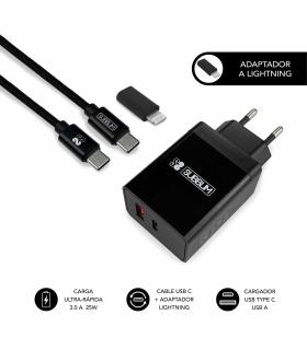 SUBBLIM CARGADOR ULTRA RAPIDO 2xUSB DE PARED PD25W+QC3.0+Cable C To C Y Lightning Negro SUBBLIM  Cargadores Smartphones EAN