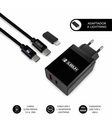 SUBBLIM CARGADOR ULTRA RAPIDO 2xUSB DE PARED PD25W+QC3.0+Cable C To C Y Lightning Negro SUBBLIM  Cargadores Smartphones EAN