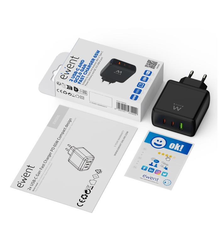 (ABM) EWENT CARGADOR GAN FAST DE 65W, 3 PUERTOS (2 USB-C PD Y 1USB-A QC) DISEO COMPACTO