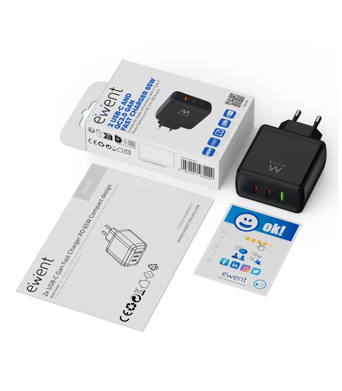 (ABM) EWENT CARGADOR GAN FAST DE 65W, 3 PUERTOS (2 USB-C PD Y 1USB-A QC) DISEO COMPACTO