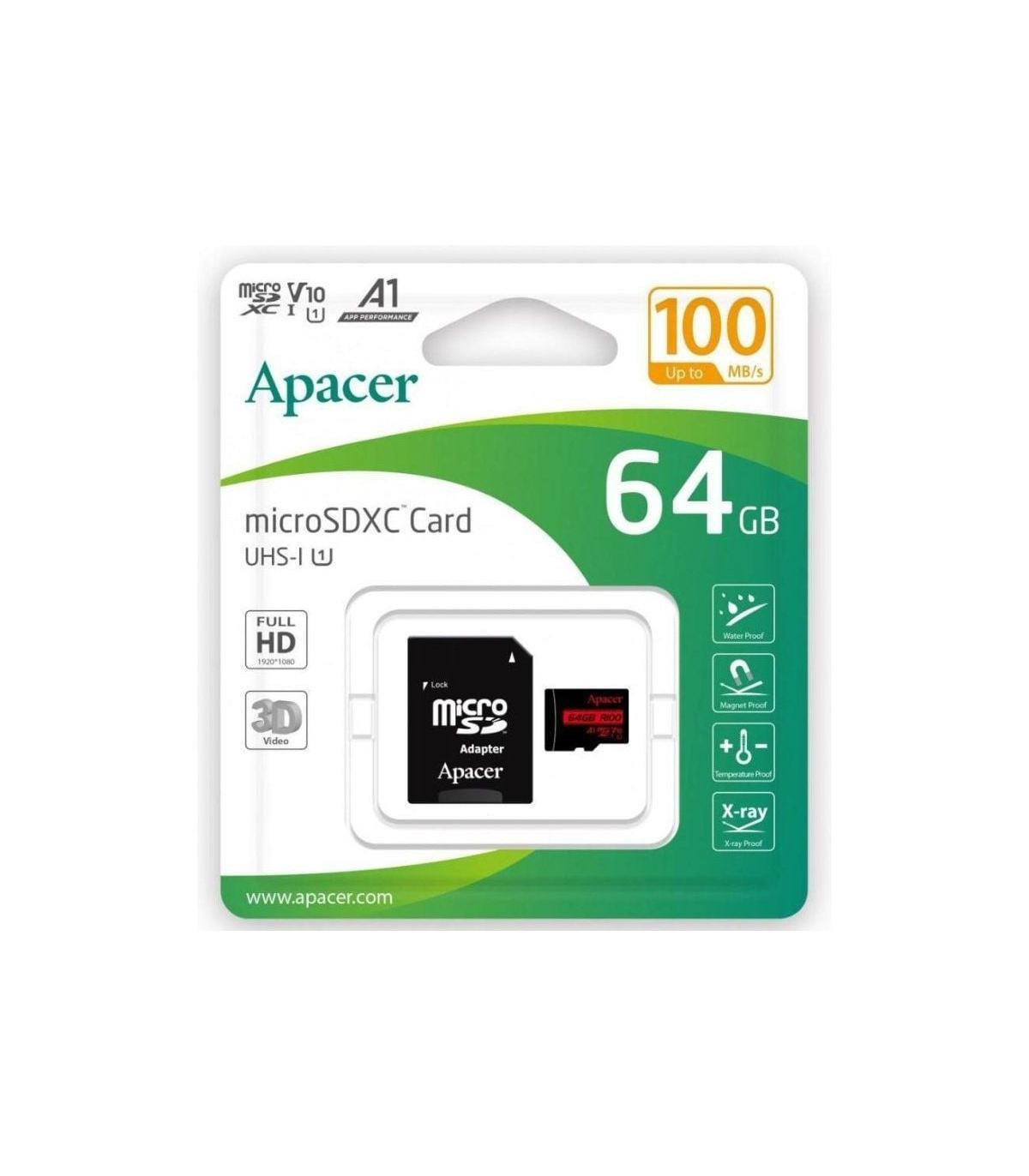 Tarjeta de Memoria Apacer 64GB XC UHS 1 con Adaptador/ Clase 10/ 100MBs