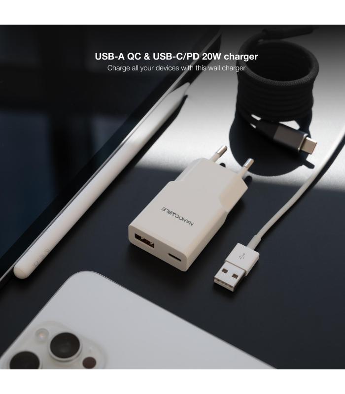 Nanocable Cargador USB-C PD + USB-A QC 20W Blanco