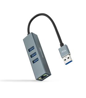 Nanocable Conversor USB 3.0 A Ethernet Gigabit + 3XUSB 3.0, Aluminio, Gris, 15 Cm