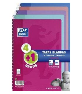 PACK 4+1 CUADERNO ESPIRAL TAPA BLANDA FOLIO 80 HOJAS 4X4 CON MARGEN COLORES TENDENCIA OXFORD 400072719