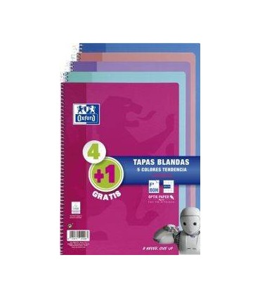 PACK 4+1 CUADERNO ESPIRAL TAPA BLANDA FOLIO 80 HOJAS 4X4 CON MARGEN COLORES TENDENCIA OXFORD 400072719