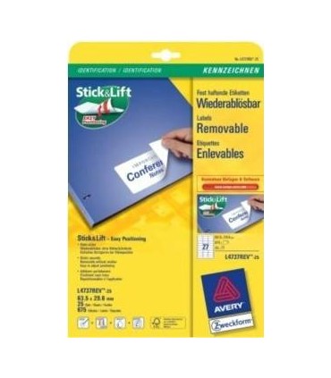 PAQUETE 25 HOJAS ETIQUETAS DESPEGABLES ECOLGICAS, CERTIFICADAS FSC-IMPRESORAS LSER-63,5X29,6 MM AVERY L4737REV-25
