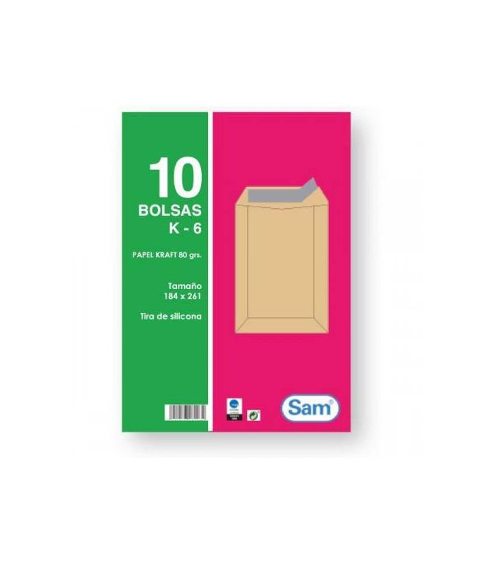 PAQUETES DE 10 BOLSAS KRAFT, CON TIRA DE SILICONA TAMAO 184X261 80 GRS. SAM 665099