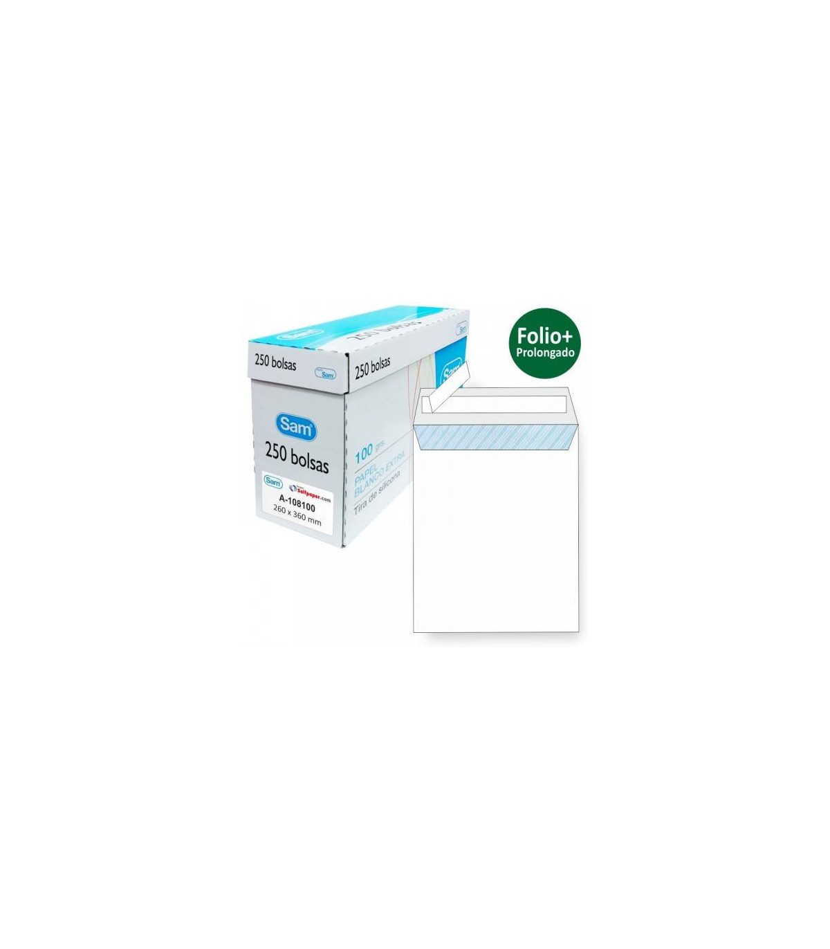 CAJA 250 BOLSAS FOLIO PROLONGADO (260X360) OFFSET BLANCO 100 GRS. OPENSAM AUTOADHESIVO CON TIRA DE SILICONA SAM 149005