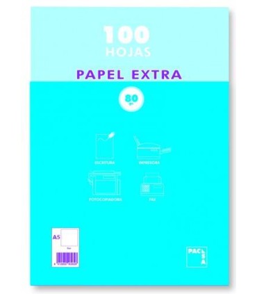PAQUETE PAPEL EXTRA BLANCO SATINADO 100 HOJAS 80 GRS. A-5 (148X210MM.) LISO PACSA 21814