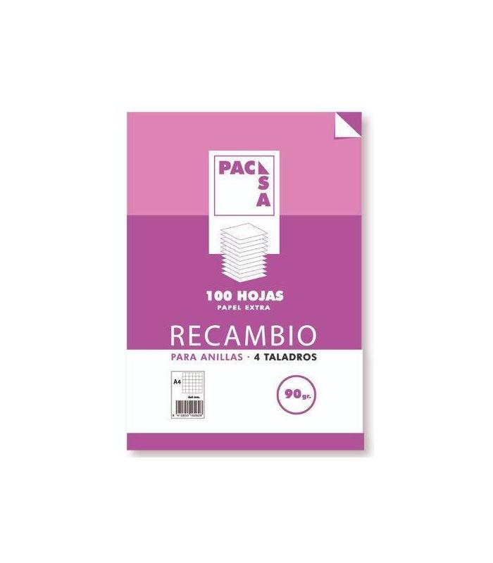 RECAMBIO 90 GRS . 4 TALADROS FOLIO (215X310MM.) 100 HOJAS CUADRCULA 4X4 CON MARGEN PACSA 21261